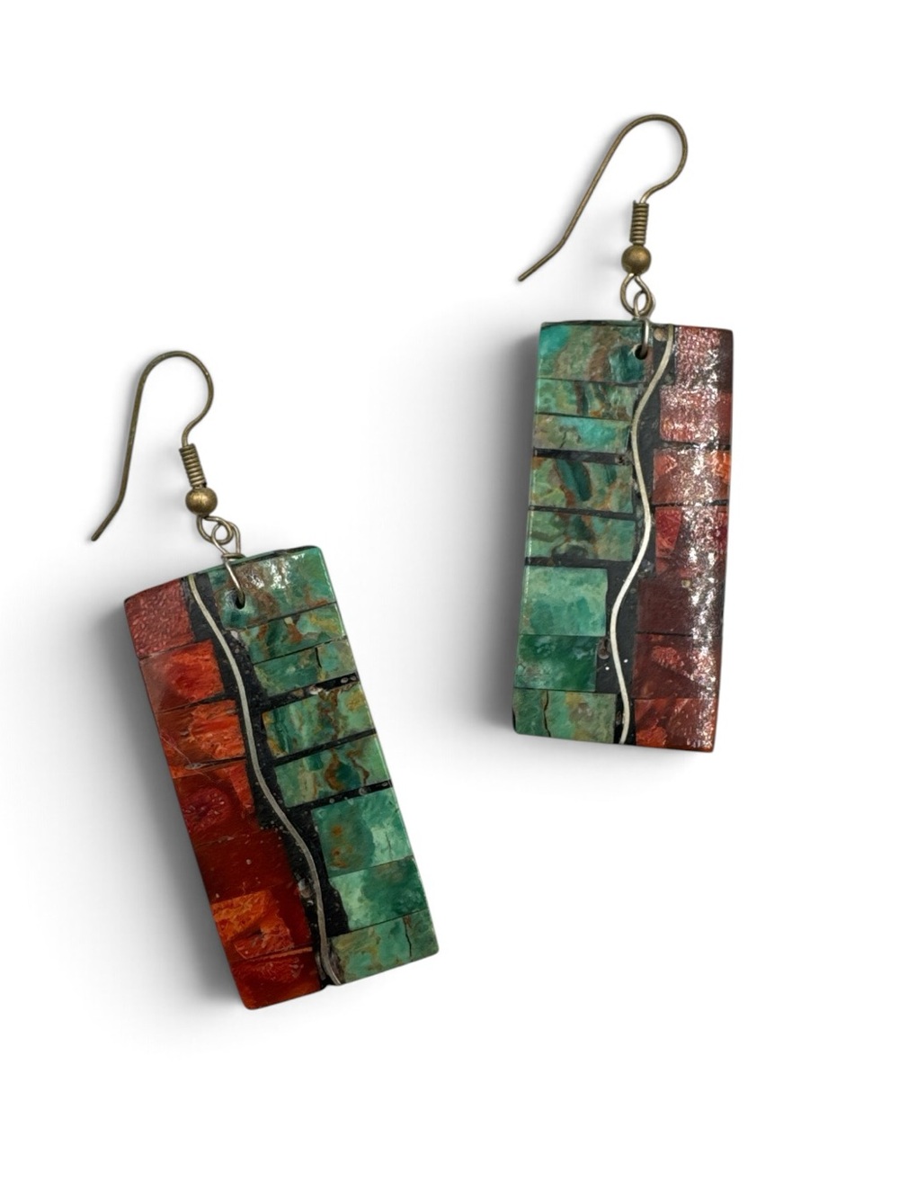 Vintage Mary Louise Tafoya Kewa Turquoise Coral Mosaic Earrings Brass Wires 1.75